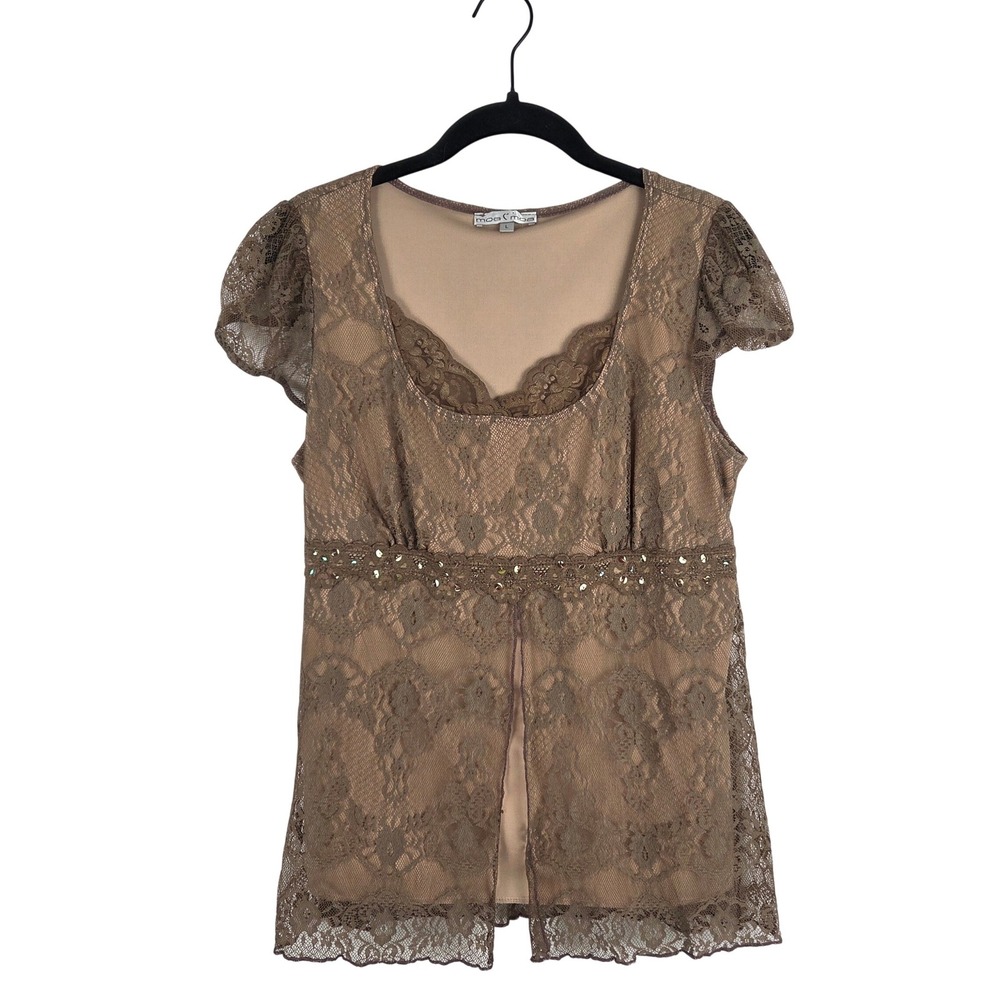 Vtg Moa Moa Brown Lace Sequin Empire Waist Cap Sleeve Top L Fairy Grunge Y2K